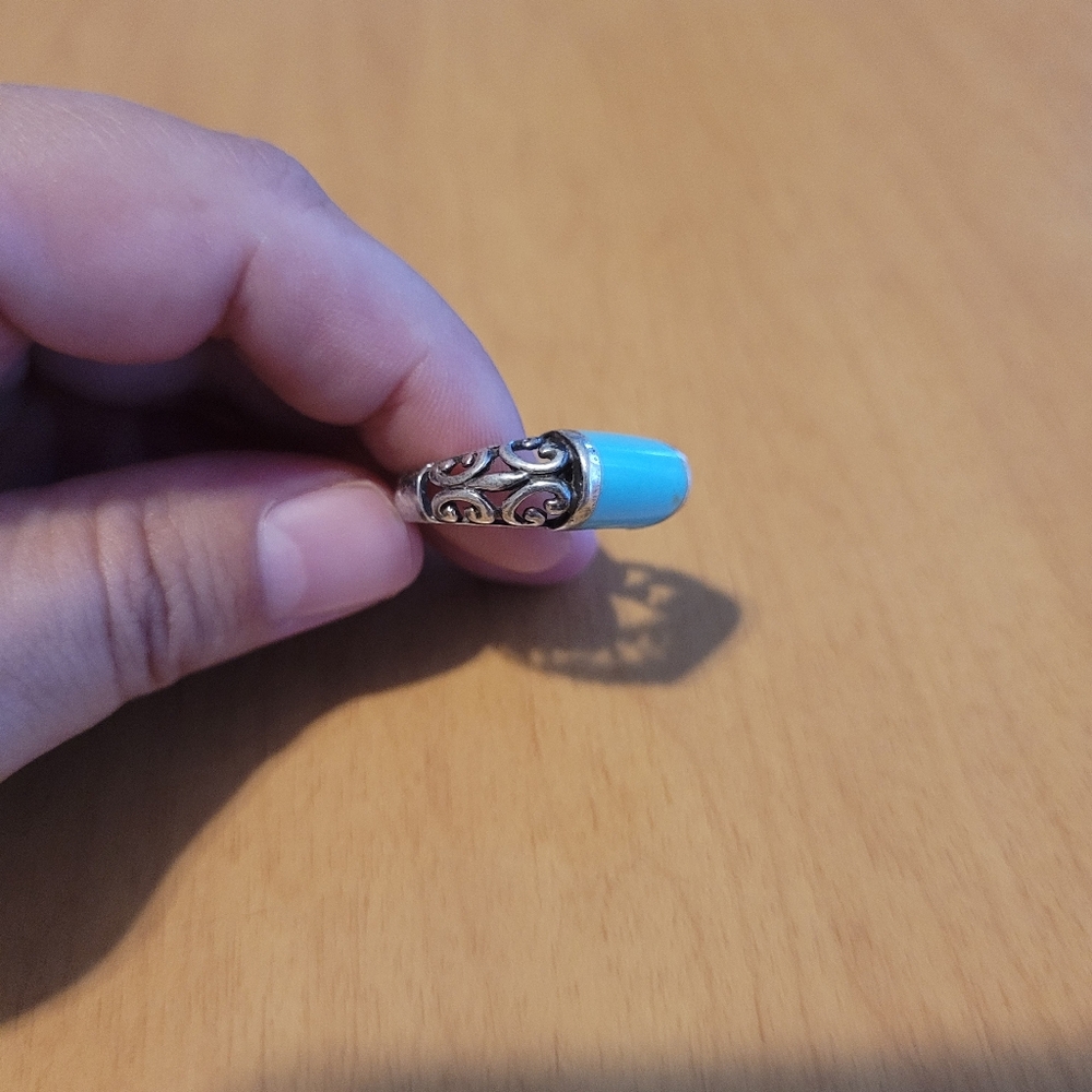 Sterling Silver 925 Scrolled Filligree Boho Ring with Turquoise Colored Inset - Picture 12 of 15